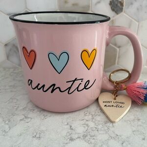 🎄3/$30 Pink Heart ‘Auntie’ Mug with Matching Keychain EUC